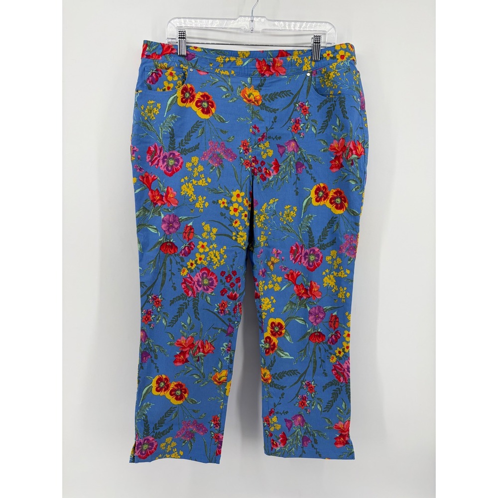 Susan Graver Womens 16 Blue Floral Pull On Cropped Pants Stretch‎ Straight Leg